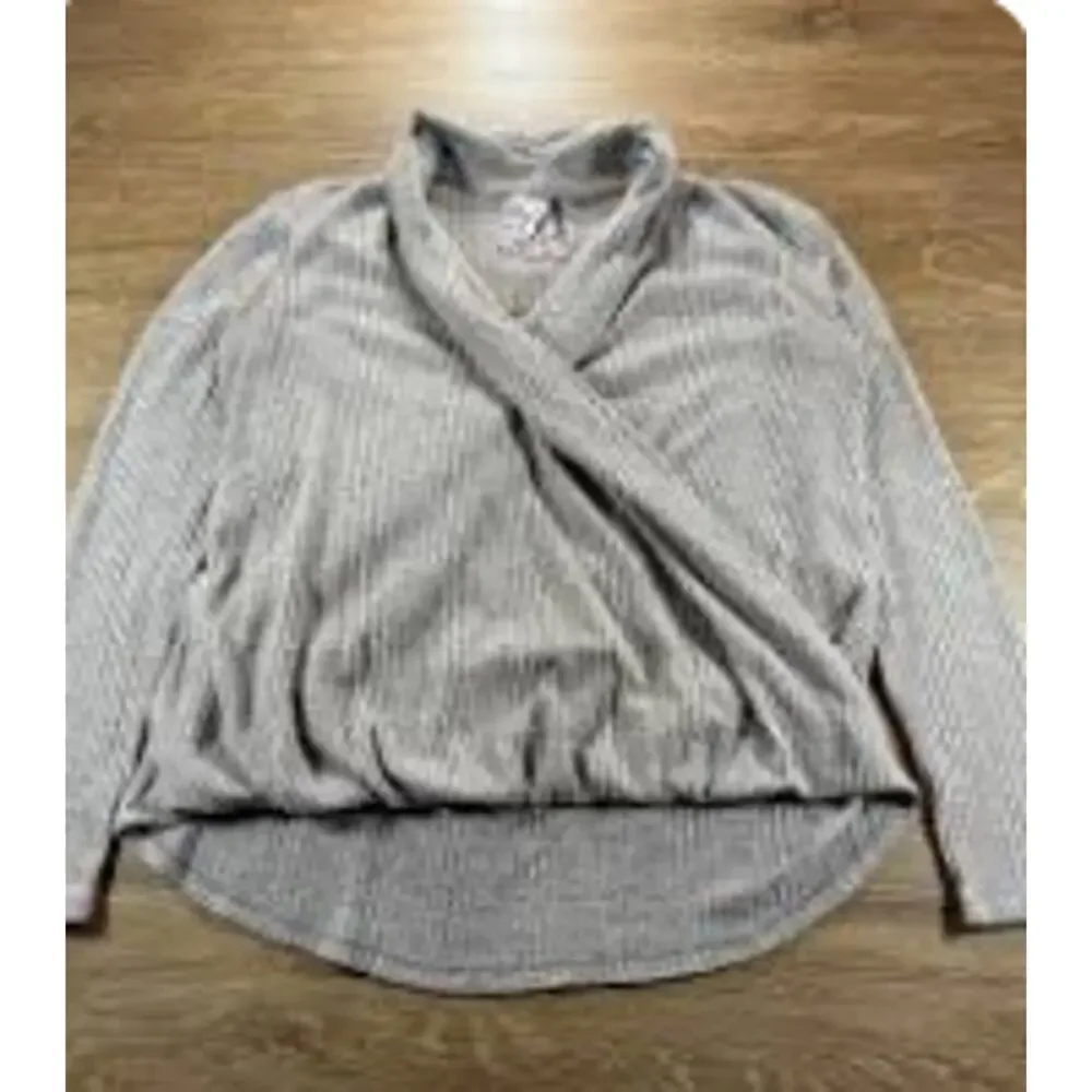 Anthropologie Ribbed Wrap Sweater-S-Mocha Brown Surplice V-Neck Slouchy Knit Top - Picture 2 of 5